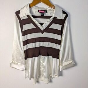 Y2K Say What Striped Office Siren Blouse M Satin Collared